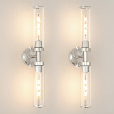 Ensemble de 2 appliques murales en nickel brossé, luminaires de salle de bain modernes avec abat-jour en verre transparent pour miroir, luminaires de base E26 pour chambre à coucher, couloir, entrée