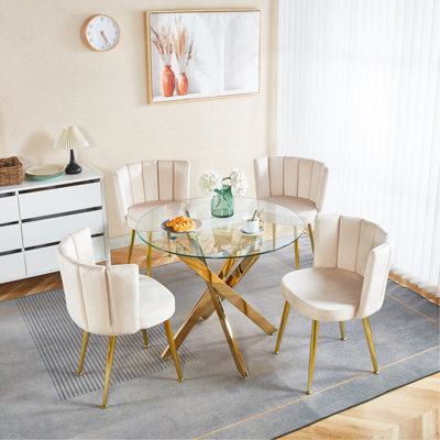 Ensemble de salle à manger 1 + 4,5 pièces, table de salle à manger à pieds en métal Mid-Century pour 4-6 personnes avec plateau en verre, table de salle à manger à piédestal, table basse de loisirs