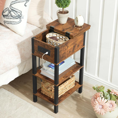 Table d'appoint étroite avec station de charge, tiroir et 2 tablettes pour les petits espaces