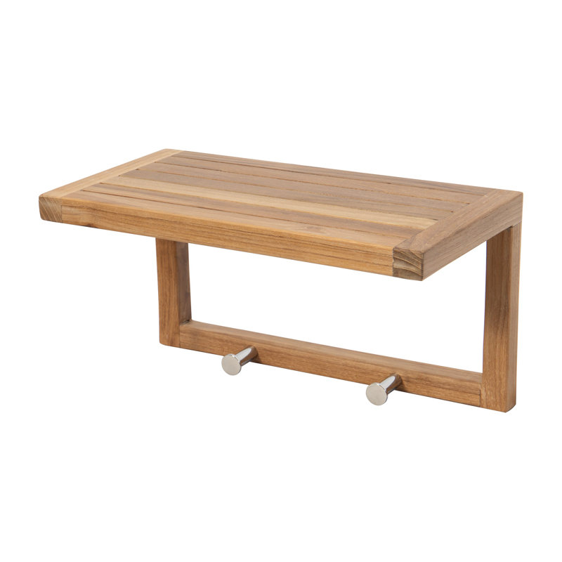 Teak Wall Shelf with Hooks, 9" H x 17" W x 9" D