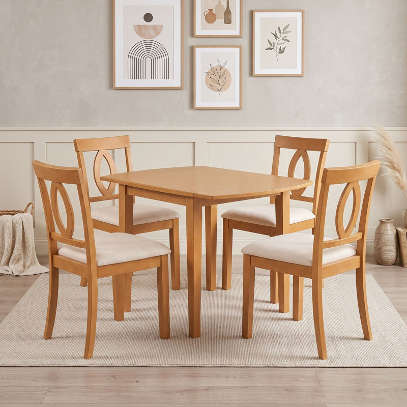 Ensemble de salle à manger 5 pièces avec table à abattants en bois et 4 chaises rembourrées, Natural