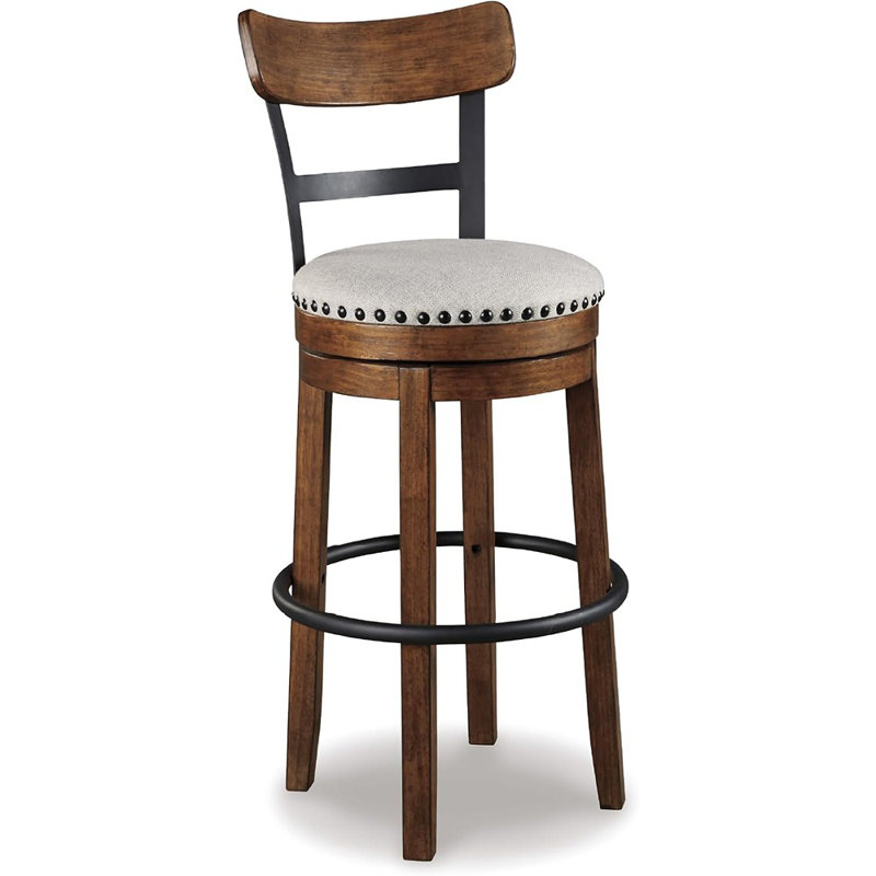 30″ Farmhouse Pub-Height Swivel Barstool With Back – Upholstered Cushion, Nailhead Trim, Metal & Wood Frame, Brown