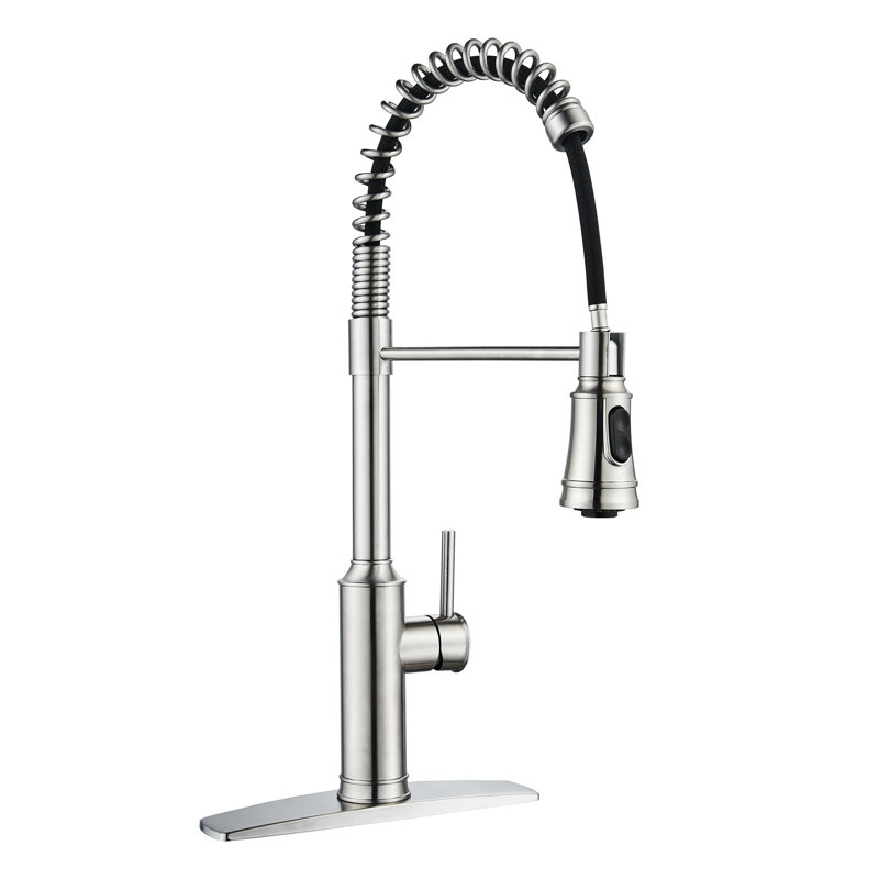 Robinet de cuisine rétractable à poignée simple avec accessoires, Nickel brossé