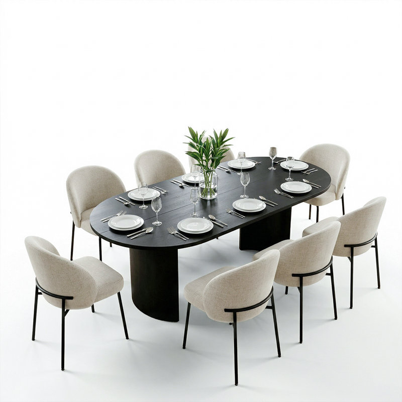 9-Piece Oval Dining Table Set For 8 With Upholstered Chairs, 79" Modern Dining Room Set, Oatmeal