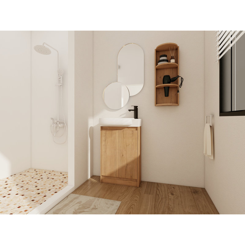 Meuble-lavabo autoportant compact avec lavabo, finition imitation chêne, style moderne