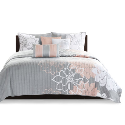 6 Piece Quilt With Throw Pillows, King/ King, Taupe Grey/purple Cotton, Printed Floral, Soft And Inviting King , Grey/purple, Cotton Reversible For A Captivating Bedroom Interior