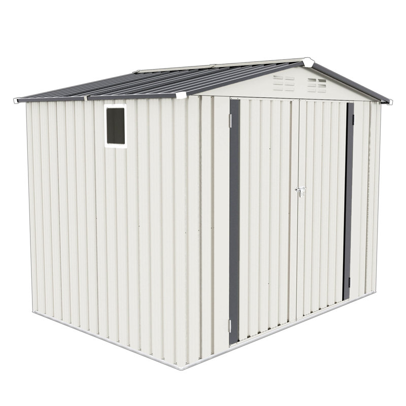8X6 Ft Metal Outdoor Storage Shed, Tool Shed With Pitched Roof Waterproof With Side Window And Lockable Door, Metal Tool Shed For Garden Tool Storage, Everyday Sundries And Bike Storage, White + Gray