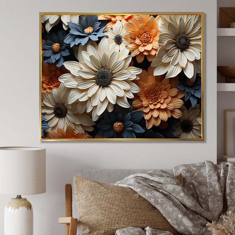 «White and Orange Daisy Florescence Radiance» - Art mural marguerites, Cadre flottant doré, H 12 po x l 20 po x P 1 po
