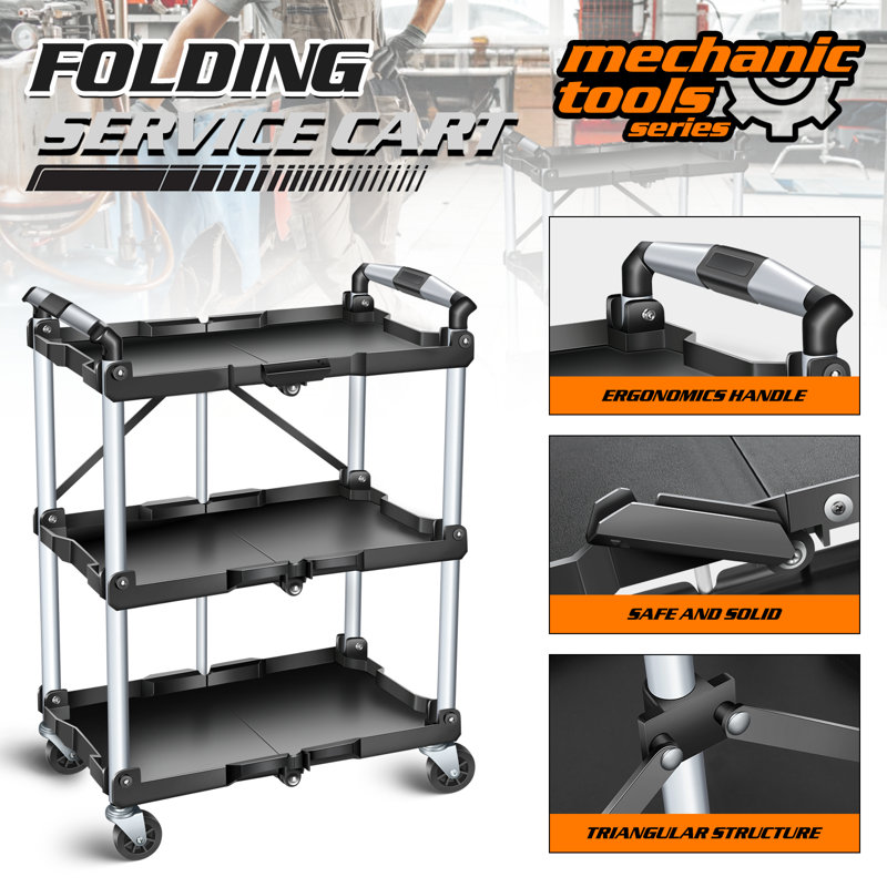 3-Tier Collapsible Service Cart, 265Lbs Foldable Utility Service Cart Portable Tool Cart With Wheels