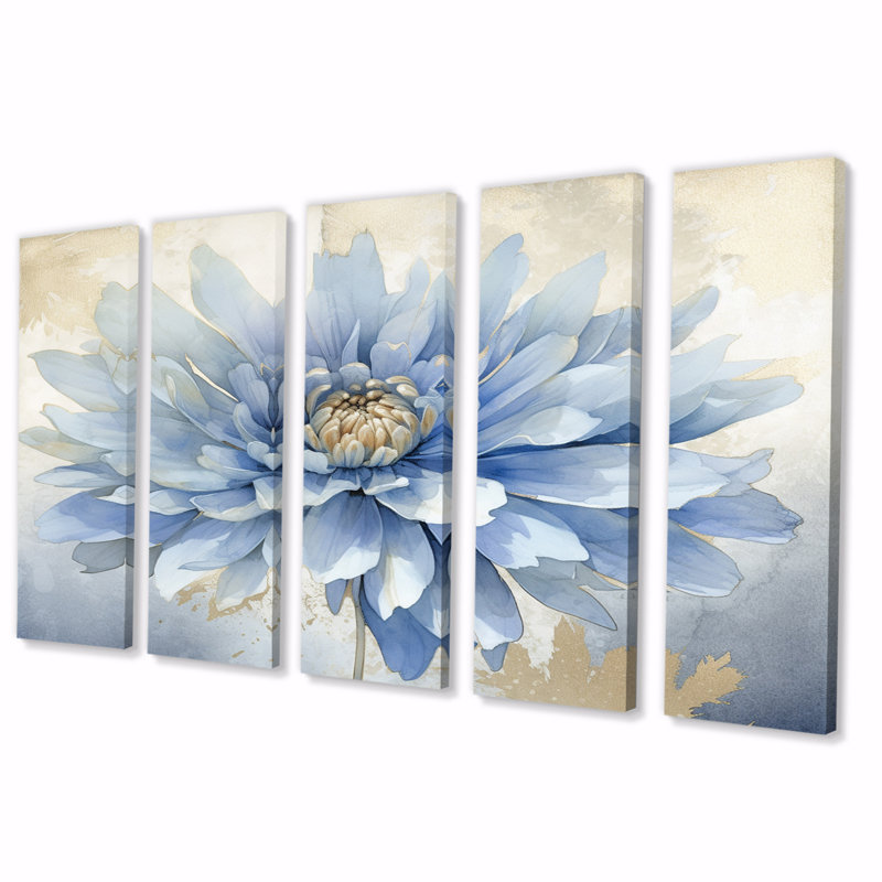 Floraison de fleurs de chrysanthème bleu rétro - décoration murale fleurs - 5 panneaux égaux