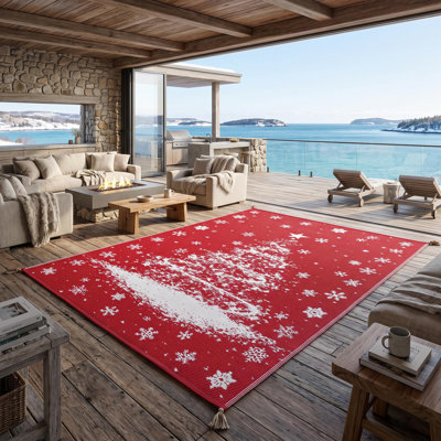 Tapis de terrasse de Noël en paille PP résistant aux UV, motif flocons de neige et sapin, idéal pour porche, terrasse ou patio.