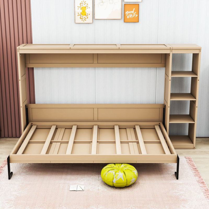 Lit escamotable en bois avec bibliothèque, Naturel, Double