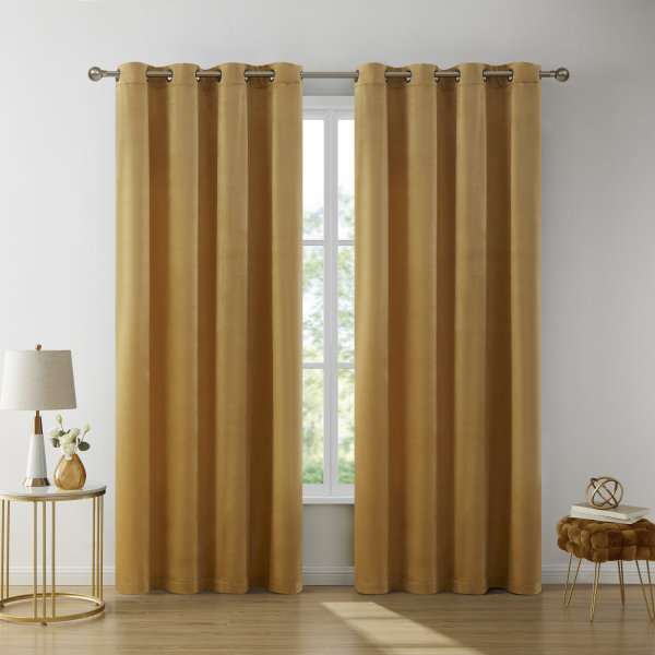 Pleze Velvet Semi Sheer Curtain Pair, Gold, 54" W x 96" L