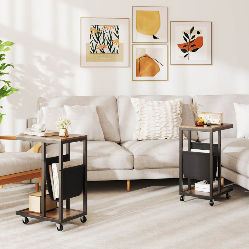 2 pièces Table d'appoint en forme de C Canapé à 2 niveaux avec étui de rangement en toile brun