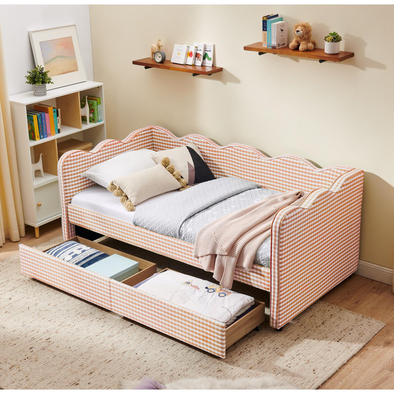 Twin Size Cozy Gingham Daybed with Two Storage Drawers, with USB Port and Adorable Wave Shaped, Linen Fabric, Twin, Pink