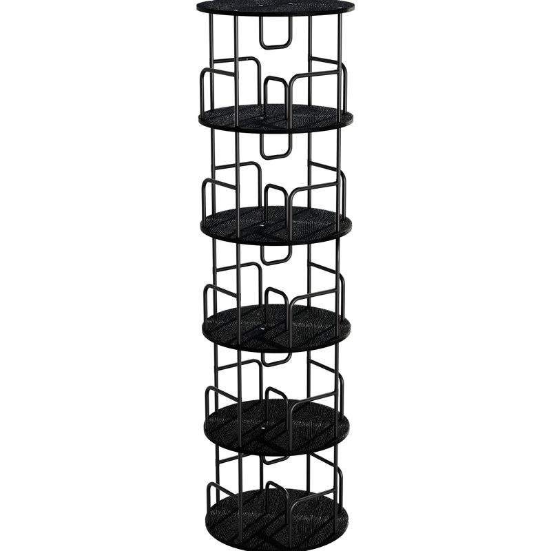 Bibliothèque rotative à 5 niveaux avec plateau tournant à 360 °, rangement fonctionnel pour étude, étagère à livres ronde à rotation verticale de couleur noire, rangement pour la maison Spinning, + fer