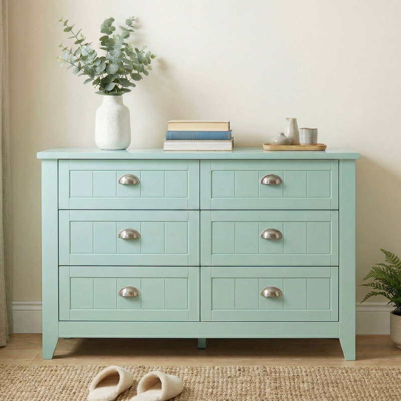 Haven 47.2" Misty Mint 6-Drawer Dresser – Wide Chest With Silver Cup Pulls, Calm Nordic Look, Engineered Wood, Misty Mint