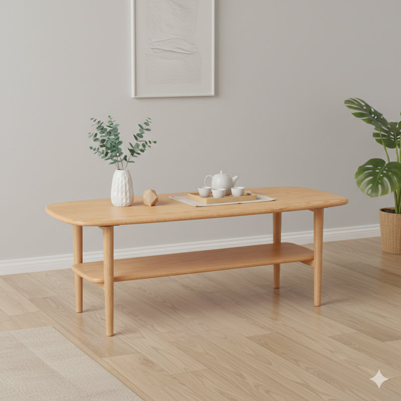Table basse ou bureau central en bois massif, dimensions 100 x 40 x 42 cm, peut être utilisé comme table basse, bureau ou table de travail, assemblage facile, bois naturel avec tablette de rangement, bureau naturel