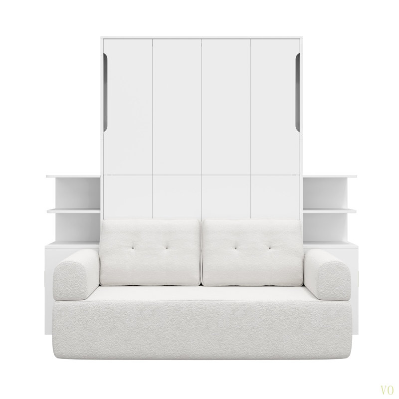 Grand lit escamotable mural avec canapé et armoires de rangement, lit mural peu encombrant pour bureau à domicile et chambre d'amis