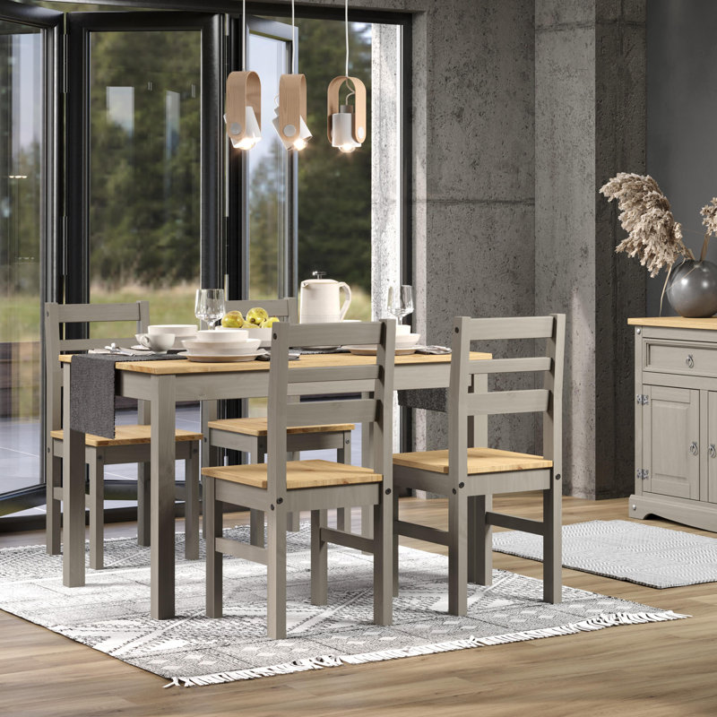 Archibold 4-Person Pine Solid Wood Dining Set, Grey and Antique Wax Finish with plank design table top