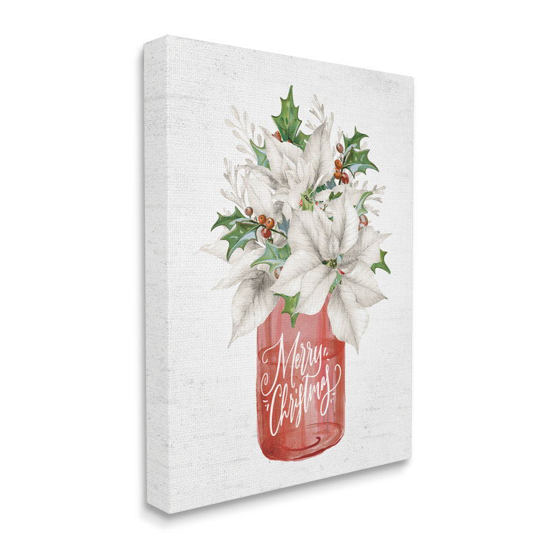 Joyeux Noël, poinsettia blanc, bouquet de baies de houx, giclée noire encadrée, art texturé par lettres et lignes
