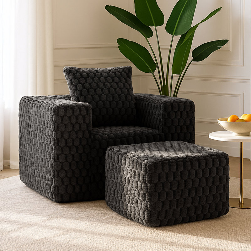 Fauteuil d'appoint rembourré en velours côtelé l 43 po avec repose-pieds Lingge, Noir