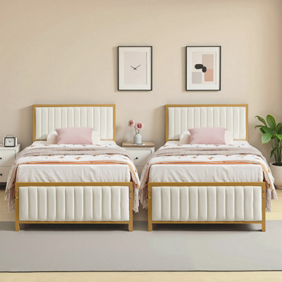 2 Twin Size Upholstered Bed Frame Bedroom Metal Slat Platform Bed with Headboard