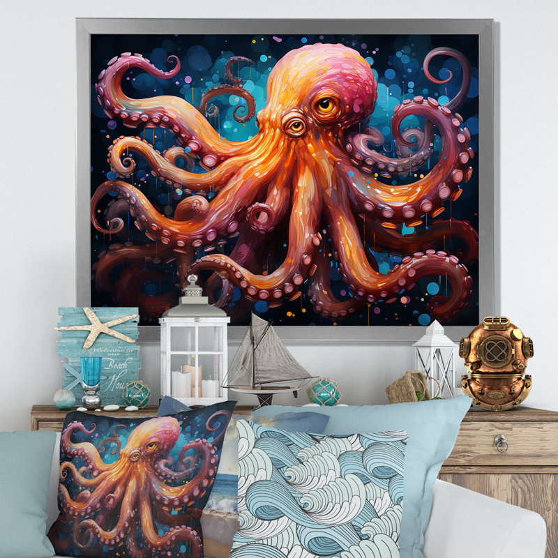 Octopus Expressionist Abyss II sur toile, H 24 po x l 32 po x P 1 po, Cadre simple argenté