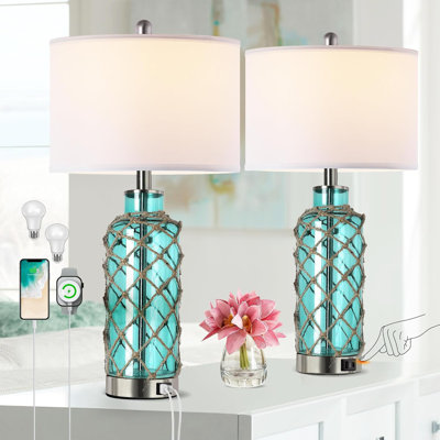 Cottage Nautical Accent Table Lamp Set Of 2, Touch Coastal Blue Green Glass Rope Net Bedside Lamp With USB C+A Fast Charging Ports, 3-Way Dimmable Nightstand Lamps White Shade For Living Room Bedroom