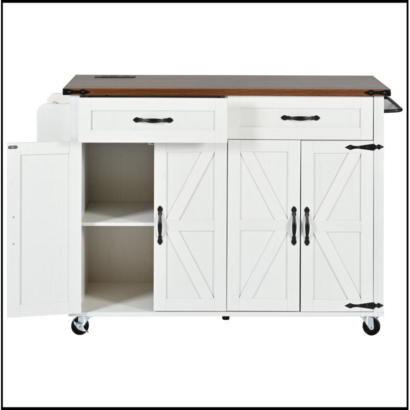 53.5 Inch Farmhouse Kitchen Island with Power Outlet, Spacious Storage, Drop Leaf, and Rolling Wheels for Versatile Use in Home Kitchens