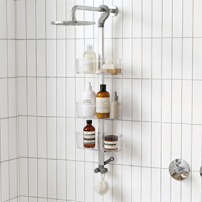  Serviteur de douche à 3 niveaux de couleur transparente réglable en hauteur | Rangement de coin pour salle de bain | Support à ventouse No Drill