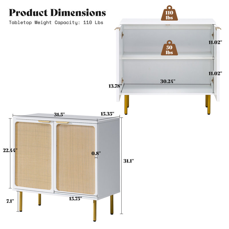 Bilal 31.5" W 2-Door Rattan Accent Cabinet with Fixed Interior Shelf