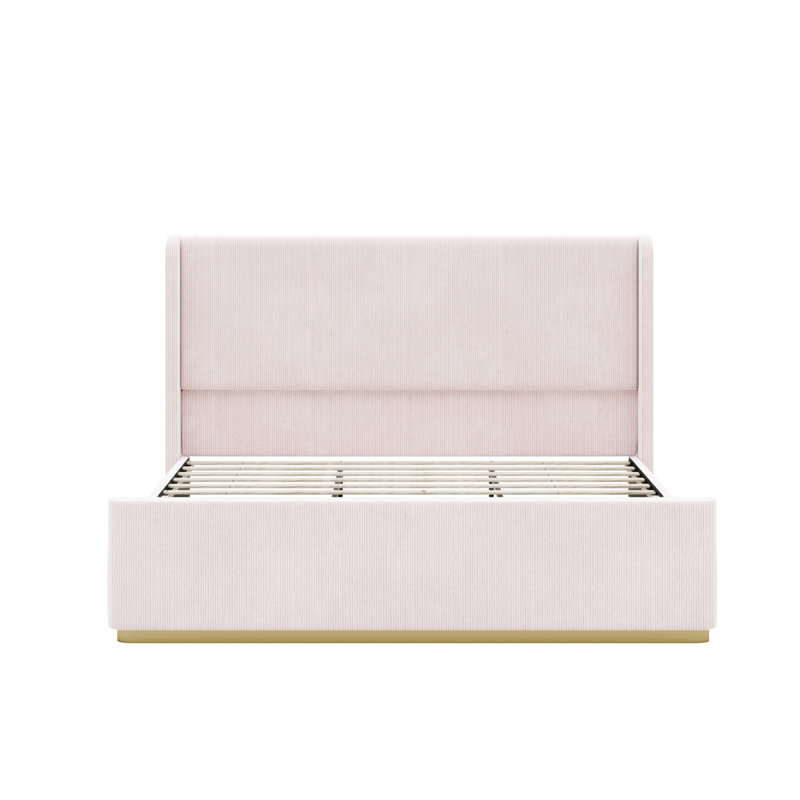 Lit plateforme tapissier à oreilles avec tête de lit et pied de lit haut, Roi, Rose