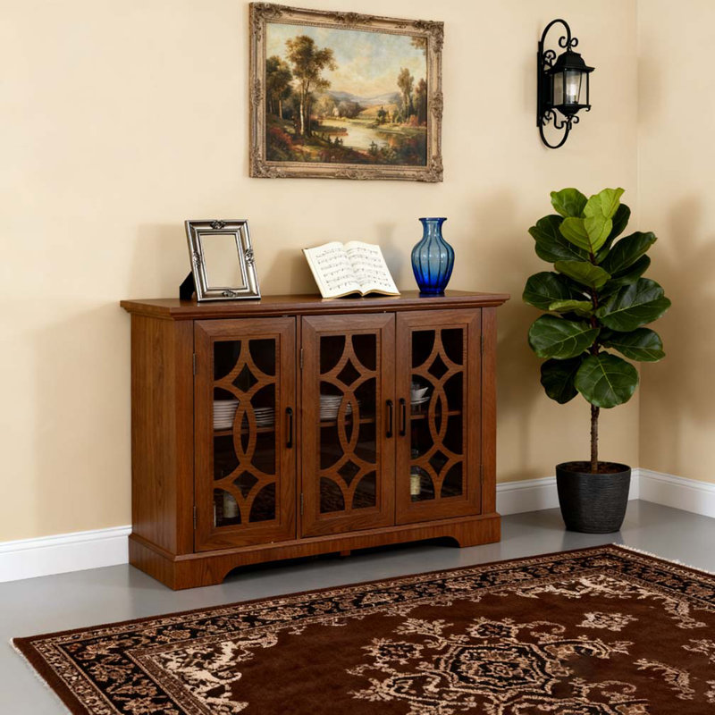 Buffet 3 portes en verre trempé transparent avec armoire de rangement à tablette réglable, Chêne foncé
