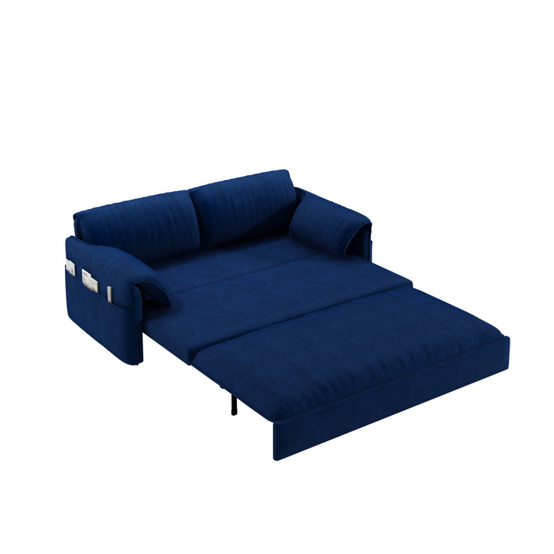 Queen Pull Out Sofa Bed,Convertible Sleeper Sofa with Side Storage, Multi-Functional Loveseat Bed, Blue Velvet 1