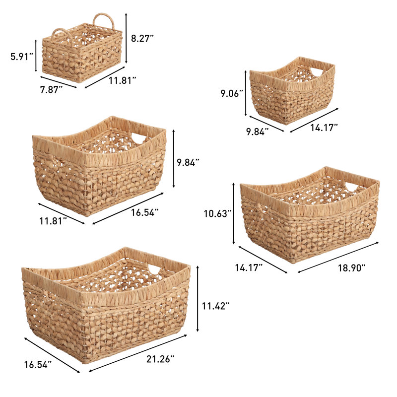 Aria Contemporary Bohemian Handwoven Water Hyacinth Nesting Storage Baskets with Handles (Set of 5), Natural