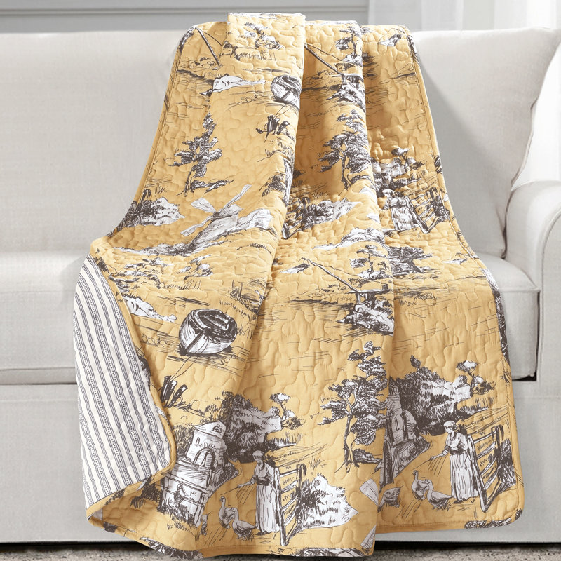 French Country Toile Reversible Cotton Throw Yellow/Gray 50" x 60"