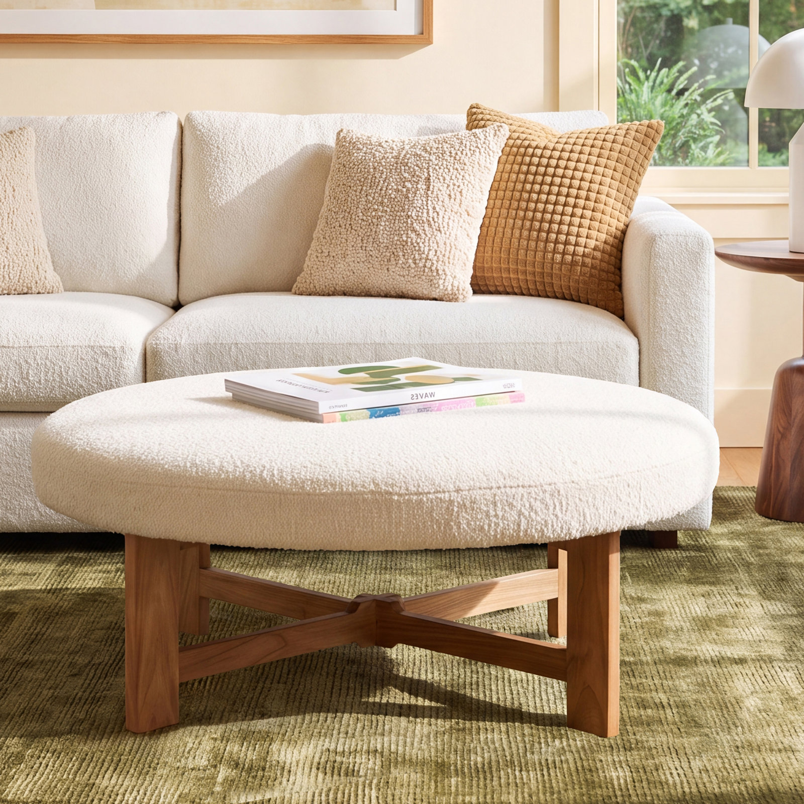 Varuna Upholstered Ottoman, Cream Boucle
