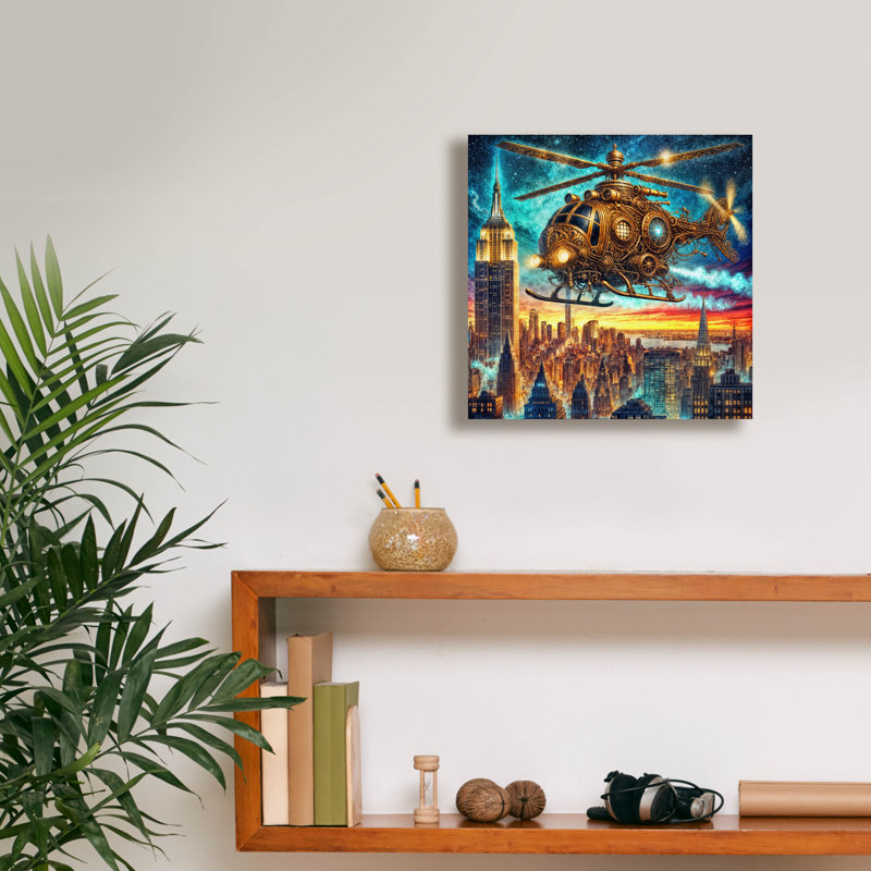 «Steampunk Helicopters Over New York» par Rey Klimt, art mural sur toile, H 12 po x l 12 po