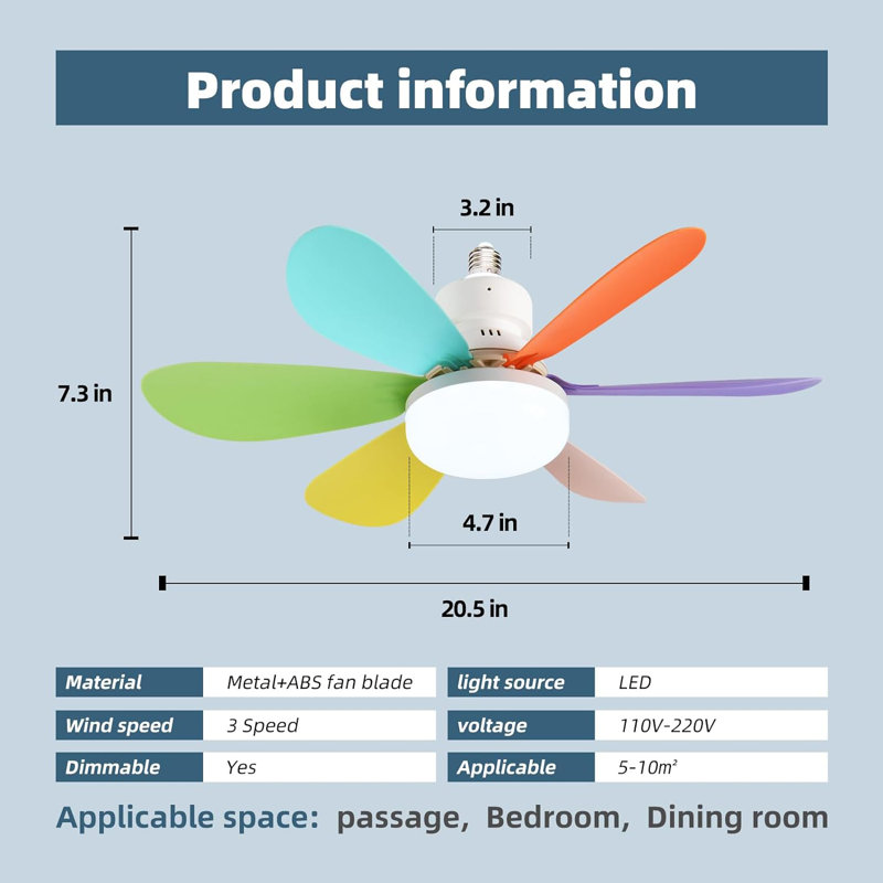 20.5'' Blades LED Ceiling Fan with Light Kit Socket Fan Light with Remote, Polished/Green