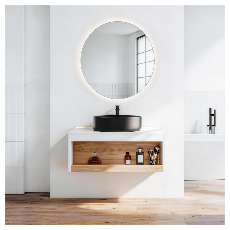 Meuble-lavabo flottant de 30 po avec lavabo vasque rond noir mat, meuble-lavabo mural avec rangement ouvert, finition blanche avec comptoir durable, conception moderne peu encombrante (livré dans 2 boîtes)