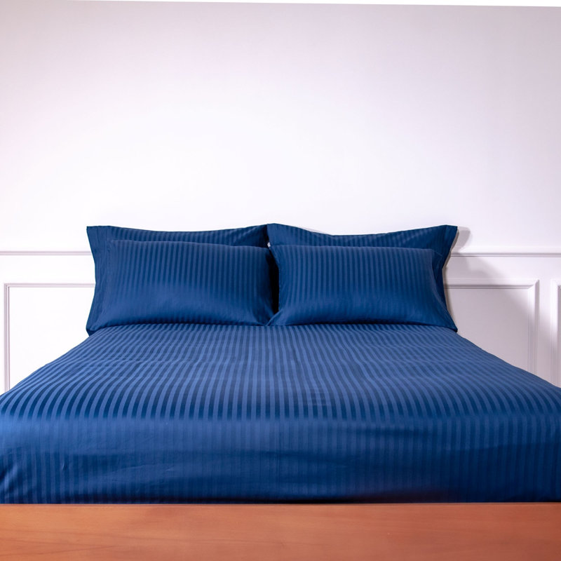 Mix & Match Bundle 200 Thread Count Striped Turkish Cotton Sateen Flat Sheet, Navy Blue