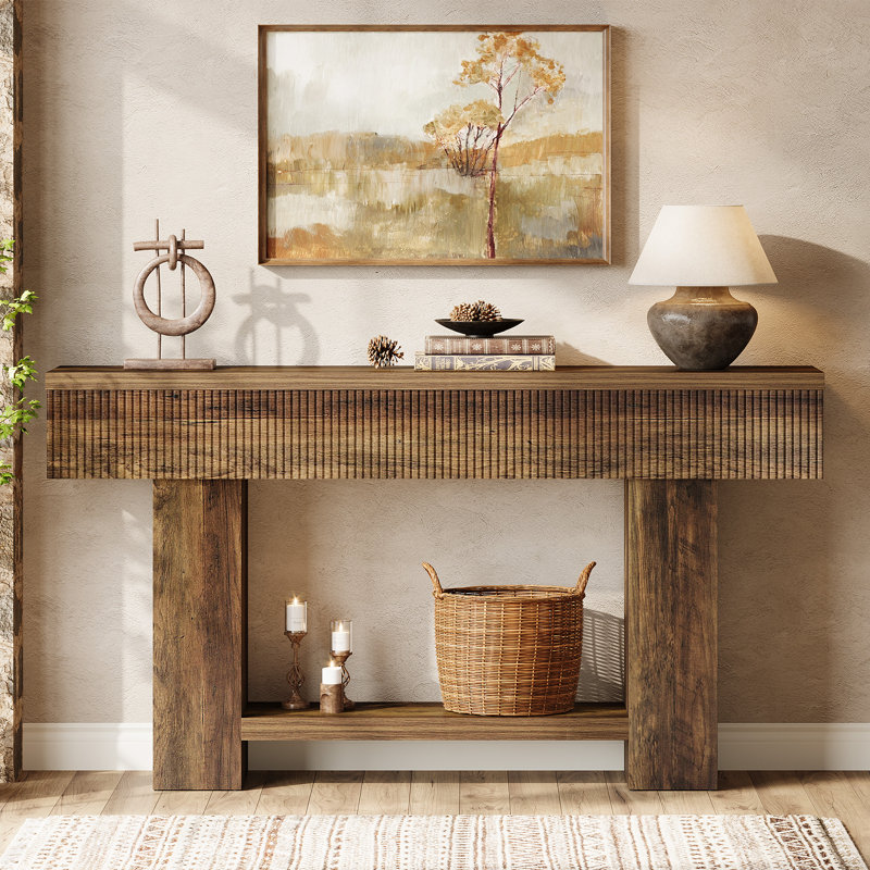 55" Rustic Console Table with 2-Tier Storage, Wood Entryway Table, Sofa Table