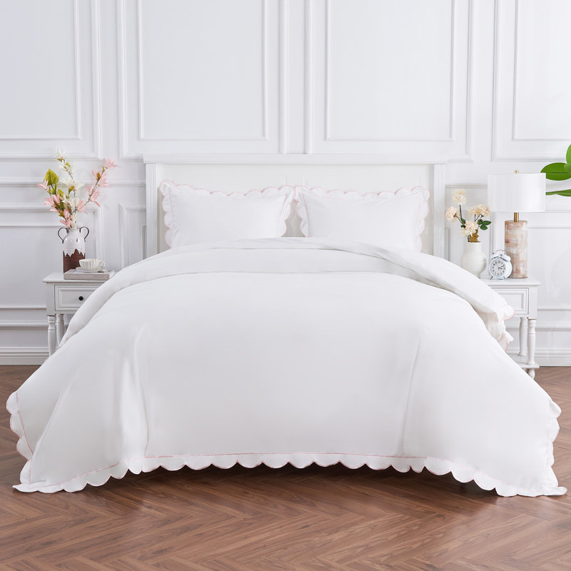 SCALLOP FRAME PERCALE DUVET SET, King Duvet Cover + 2 King Shams, Pink