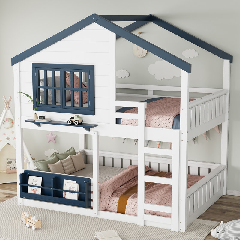 Lit superposé Kids House, Lit superposé double sur double, Blanc / Bleu