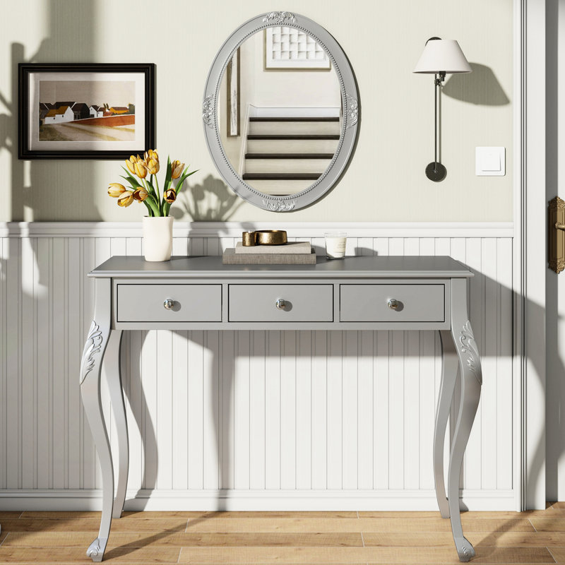Elegant Luxury Silver Makeup Vanity With Classic Oval Mirror And 3 Drawers For Jewelry Storage, , High - Quality Metal Rails, Construction, Ideal Living Room, Bedroom, Hallway Stylish Dressing Table