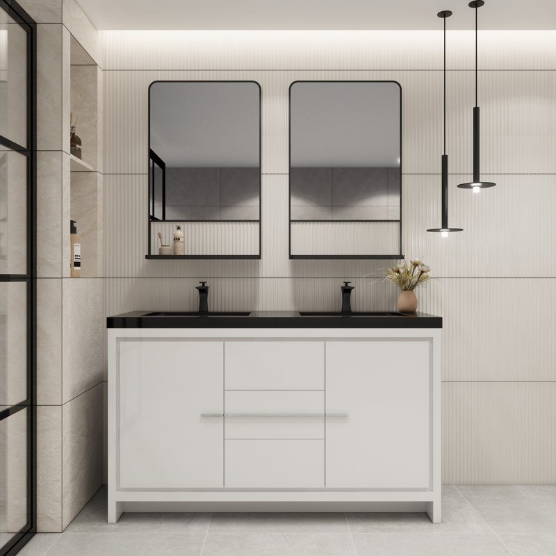 Bayyinahi 58.82'' Double Bathroom Vanity with Plastic Top, High Gloss White