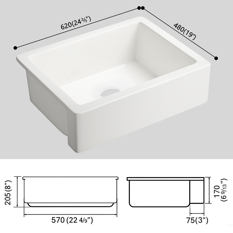 Single Bowl Fireclay Kitchen Sink, 8" H x 24" L x 19" W
