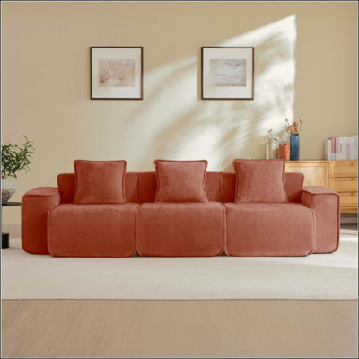 Streamlined Design Deep Seat Modular 3 Seat Boneless Sofa With French Edge Piping,No Assembly Required, Modern Modular 3-Seat Sofa Couch With Throw Pillows,Velvet Fabric