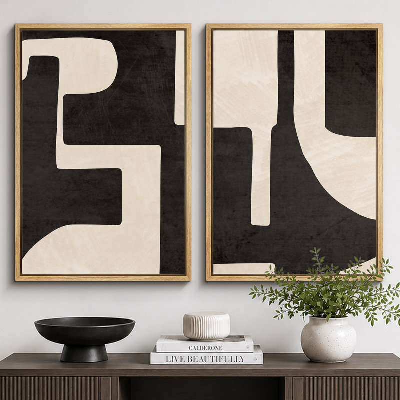 «Mid Century Shape», art moderne géométrique noir et crème, photos murales abstraites neutres et élégantes, impression sur toile encadrée 2 pièces, 16 x 24 x 2, 24 x 36 x 2